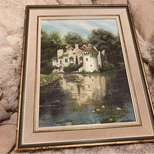 Vintage painting castle with moat/pond pastoral scene